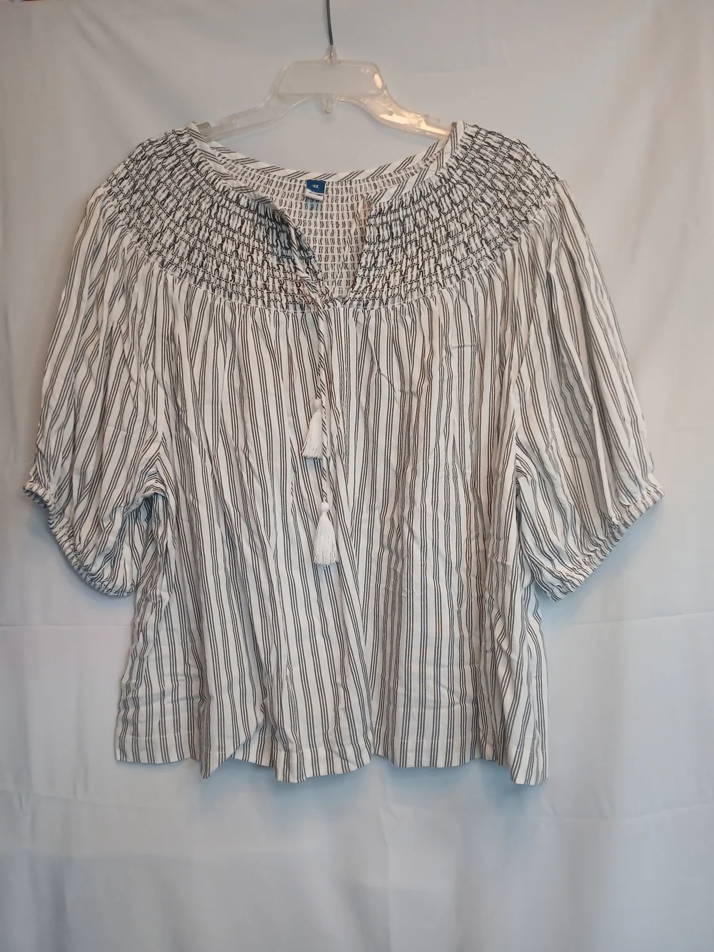 Old Navy White & Black Striped Smocked Embroidered Puff Sleeve Poet Top 3X NWOT